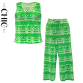 Green Elegant Floral Pot Patterns V-Neck Vest Top & Pleated Pants