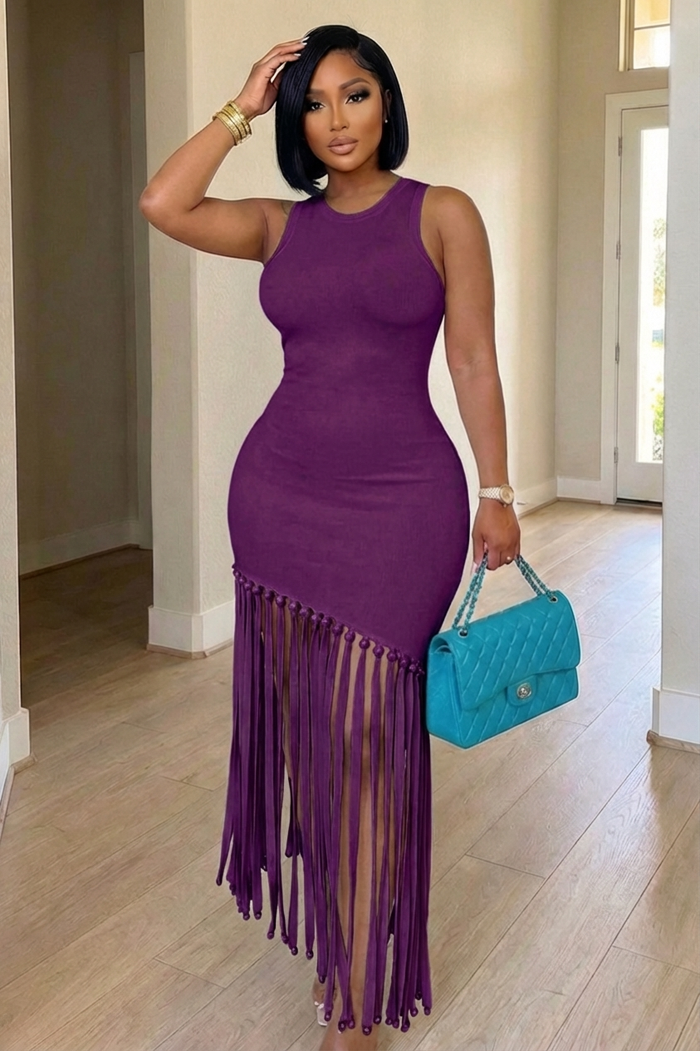 Round Neck Sleeveless Fringe Hem Slim Fit Maxi Dresses-White