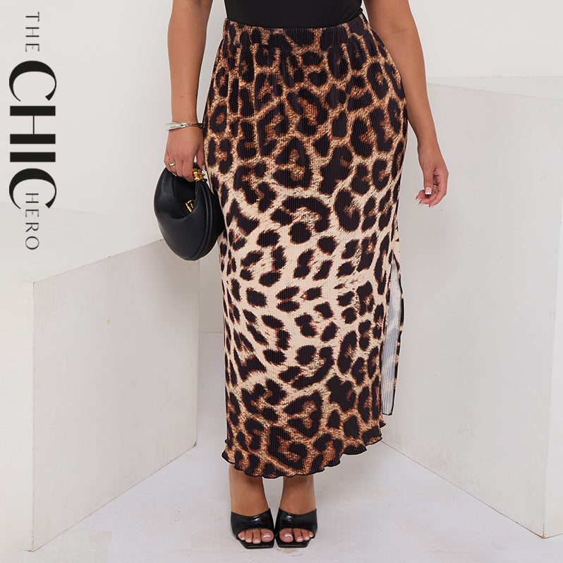 Retro Brown Leopard Print Ripple Pleated Skirt