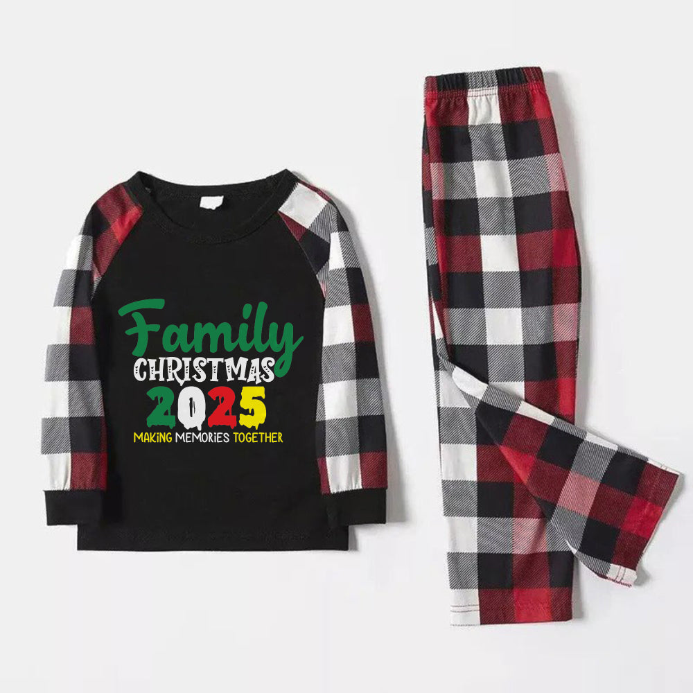 Christmas Family Matching Pajamas-Red and Gray Plaid Pjs set with "Family Christmas 2025" Colorful Print