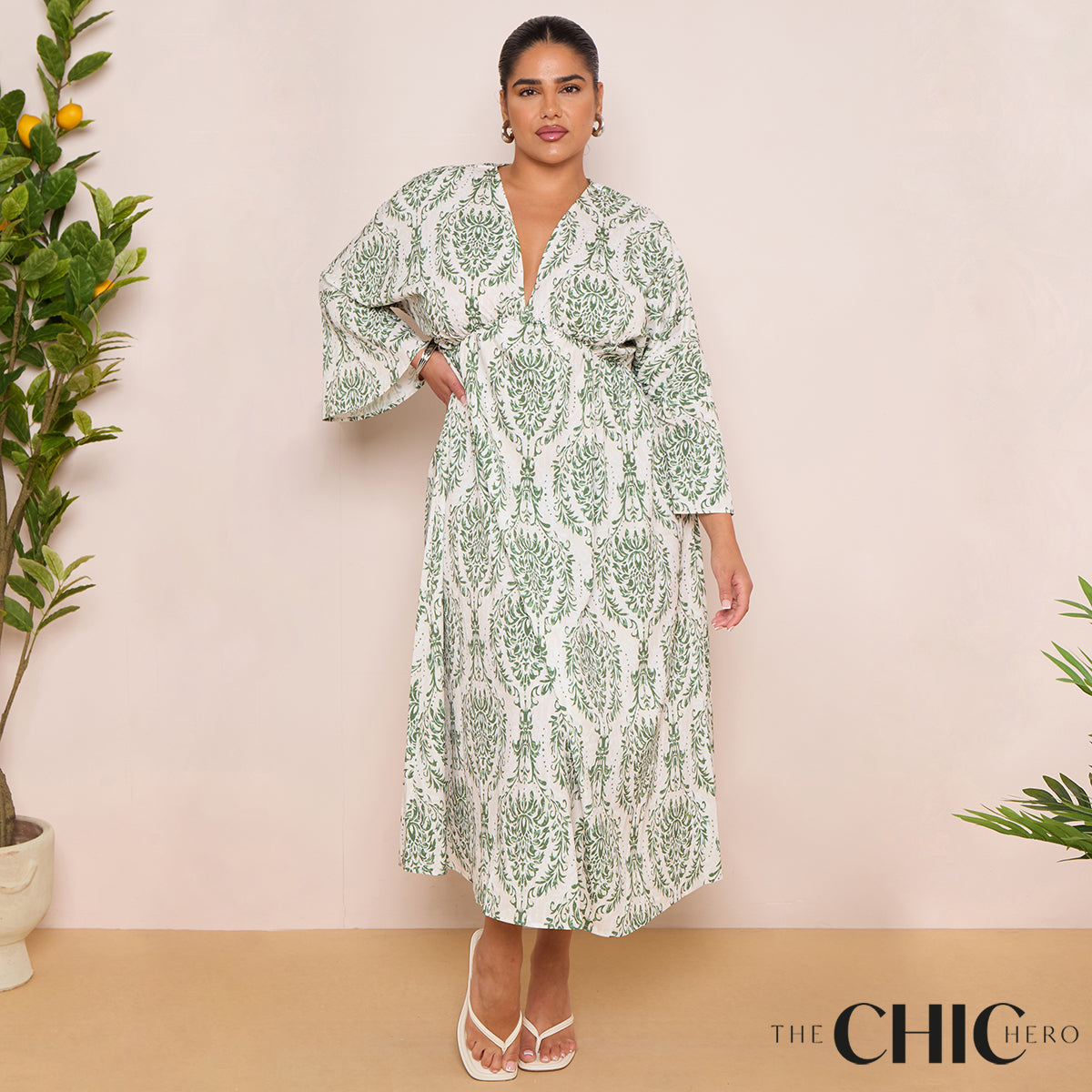 Long Sleeve Swing Maxi Dress in Leaf Print