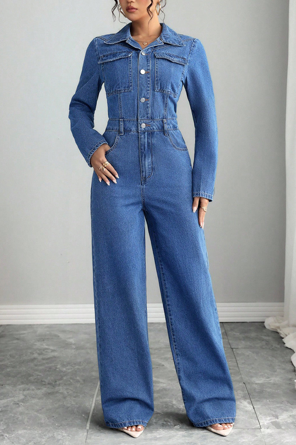 Denim Turndown Collar Long Sleeve Solid Color Wide Leg Casual Jumpsuit-Blue