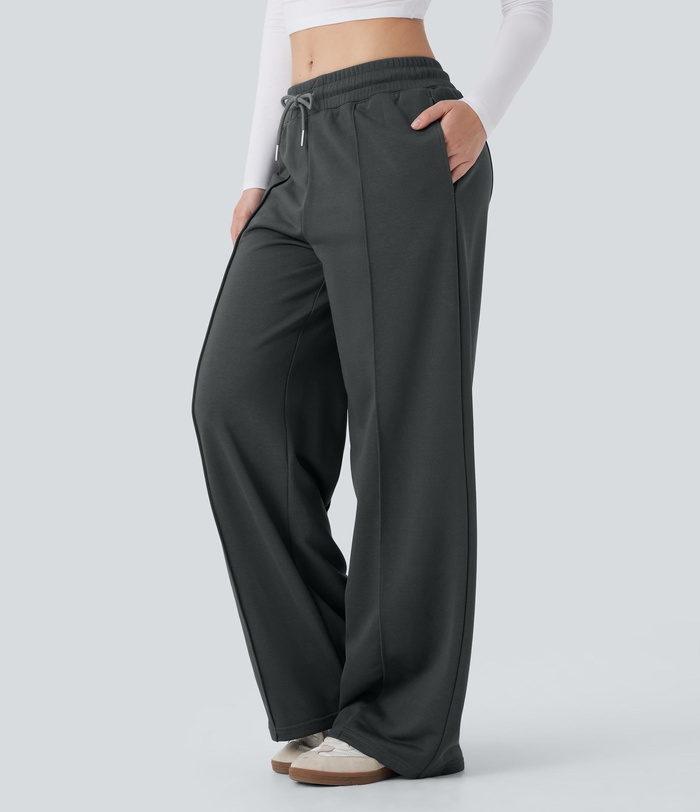Low Rise Drawstring Wide Leg Casual Pants with Pockets