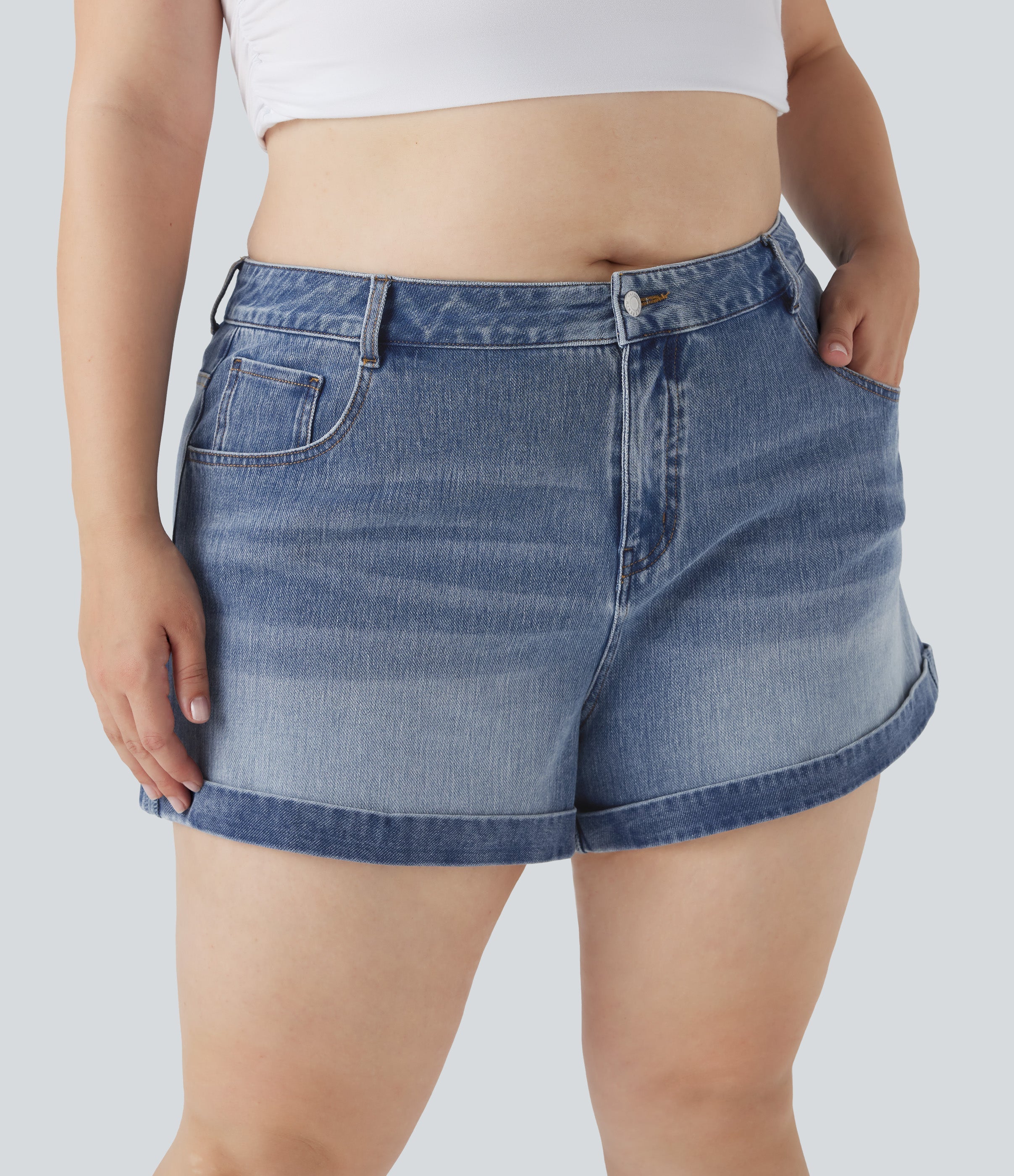 FlexTM Mid Rise Zipper Pockets Denim Casual Plus Size Shorts 3''