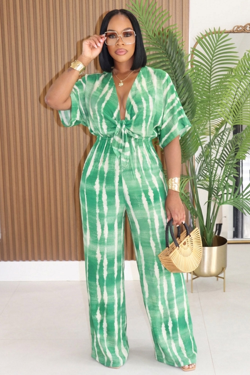 Deep V Neck Short Sleeve Straight Leg Casual Jumpsuit-Green