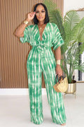 Deep V Neck Short Sleeve Straight Leg Casual Jumpsuit-Green