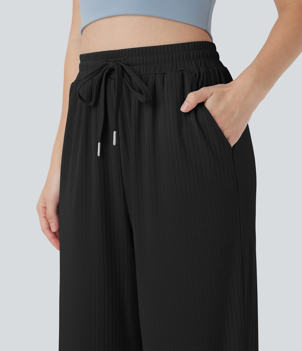 Ribbed Knit High Waisted Drawstring Straight Leg Casual Pants with Pockets