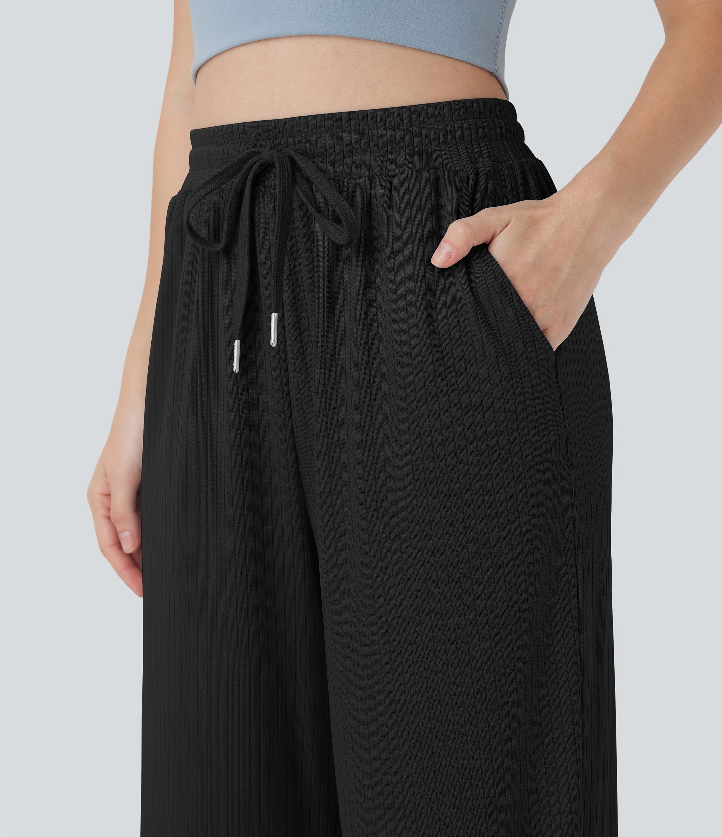 Ribbed Knit High Waisted Drawstring Straight Leg Casual Pants with Pockets