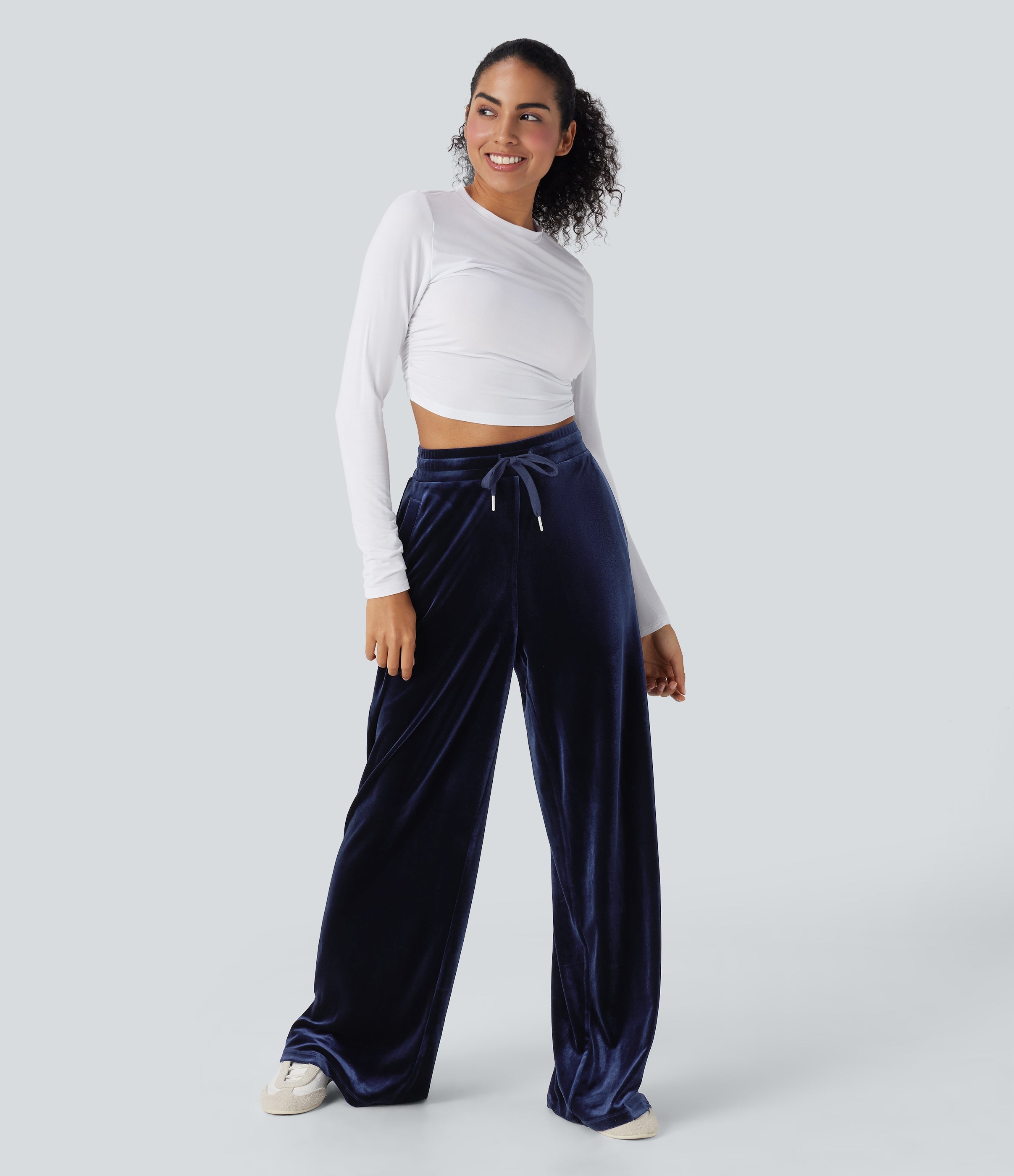 High Waisted Drawstring Wide Leg Velvet Casual Pants with Pockets