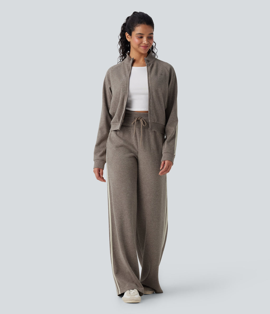 2026🔥 Ribbed SoCinched High Waisted Tummy Control Drawstring Wide Leg Color Block Casual Trousers with Pockets