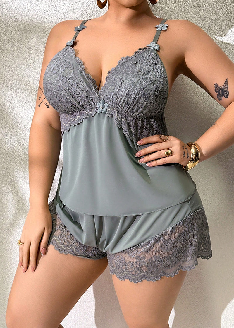 Plus Size Lace Satin Cami Pajama Set – Sexy Two-Piece Sleepwear for Women