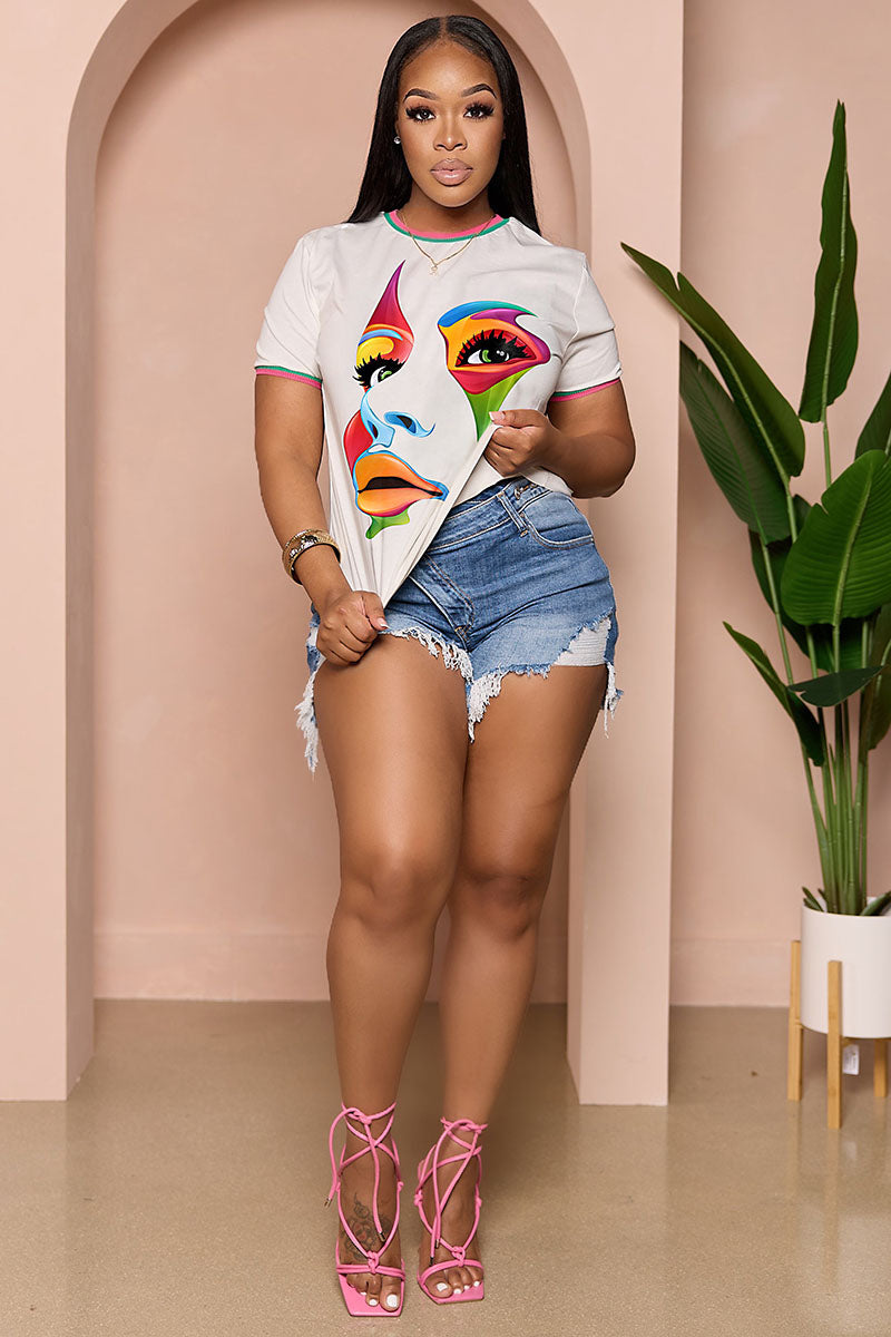 LORAGAL Portrait Print Casual T-Shirt
