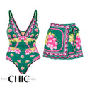 Green Grape Blossom Tropical Vineyard V-Neck Swimsuit & Mini Skirt