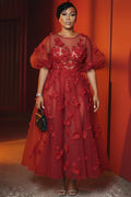 Round Neck Puff Sleeve 3D Flower Tulle Loose Fit Maxi Dresses-Red