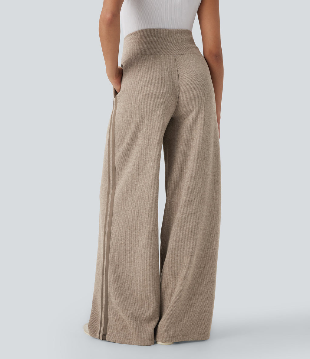 2026🔥 Ribbed SoCinched High Waisted Tummy Control Drawstring Wide Leg Color Block Casual Trousers with Pockets