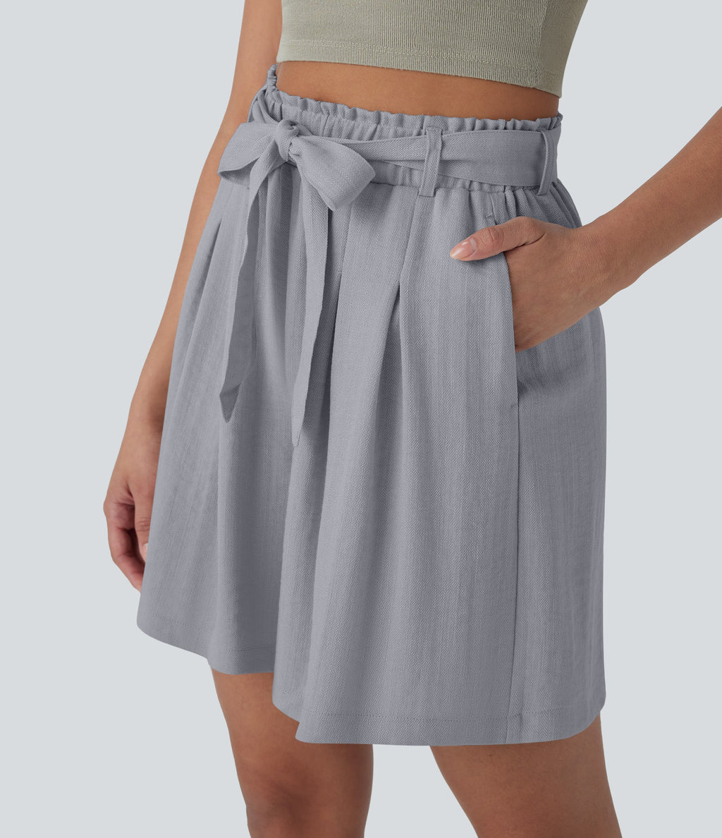 High Waisted Belted Casual Linen-Feel Bermuda Shorts with Pockets