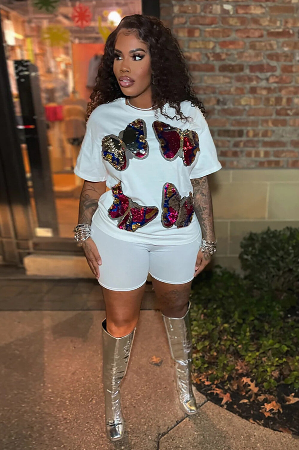 Sequin Butterfly Pattern Short Sleeve T-shirt Casual Shorts 2pcs Set-White