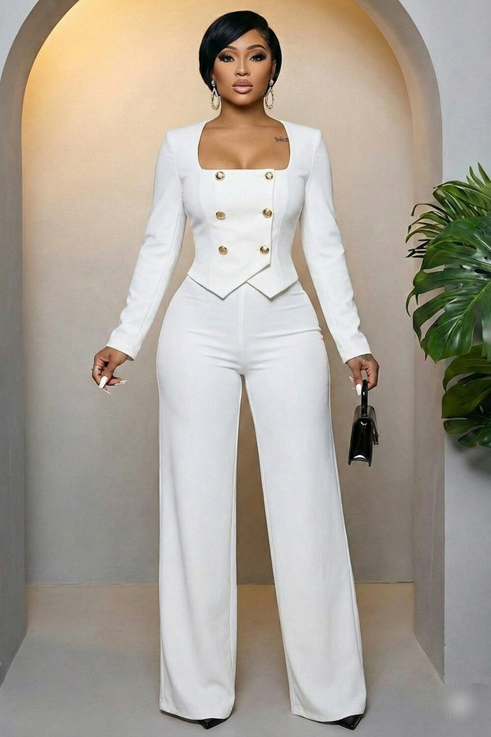 Square Neck Button Top Straight Leg Pants Casual 2pcs Set-White