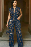 Denim Turndown Collar Sleeveless Cut Out Casual Jumpsuit-Blue