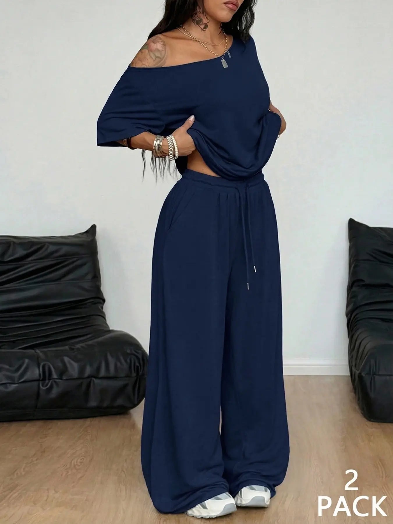 2pcs/Set Women's Minimalist Basic Daily Wear Going Out Sport Comfortable Off Shoulder T-Shirt And Wide Leg Pants Two Pieces Outfits