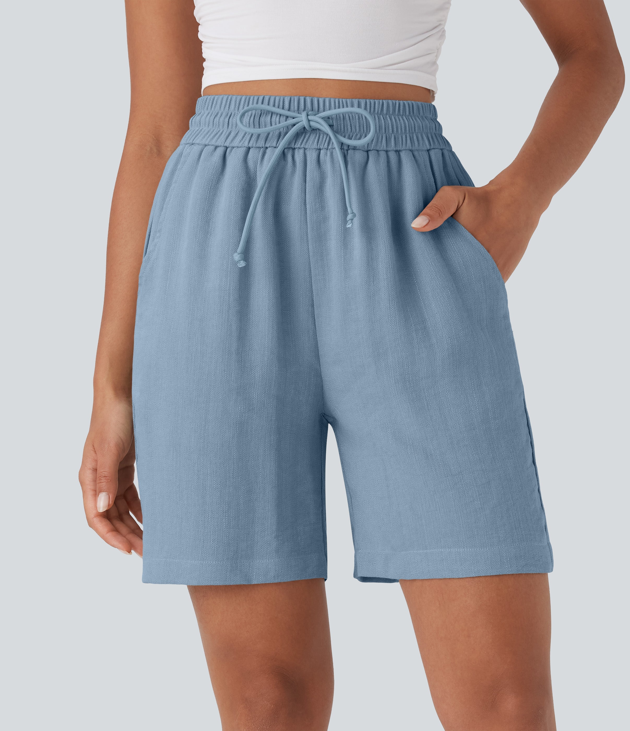 High Waisted Drawstring Casual Linen-Feel Shorts with Pockets