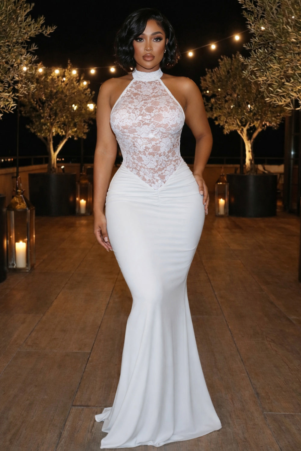 Halter Semi-Sheer Lace Patchwork Mermaid Party Maxi Dresses-White