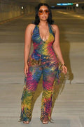 Halter Backless Fringe Trim Colorblock Casual Jumpsuit-Multicolor