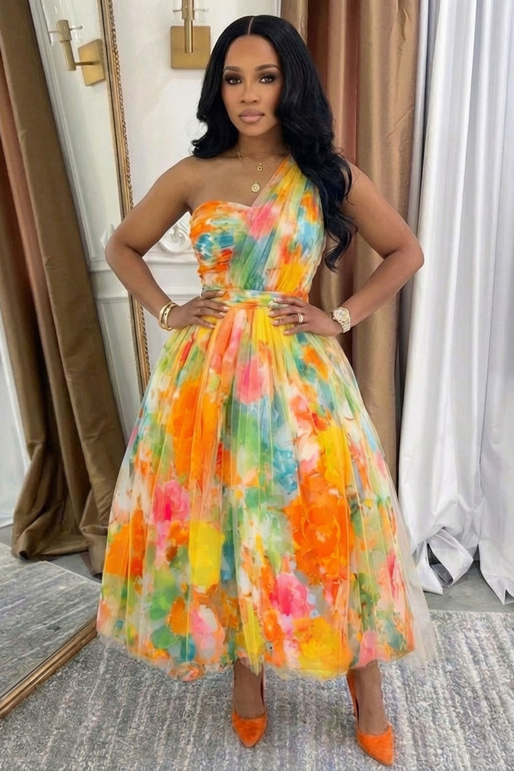 One Shoulder Floral Print Mesh Vacation Maxi Dresses-Multicolor