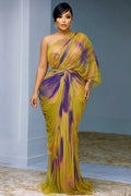 One Shoulder Cinch Waist Ruched Mermaid Party Maxi Dresses-Green