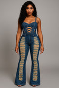 Lace-Up Cinch Waist Scratch Denim Cami Flare Leg Jumpsuit-Blue