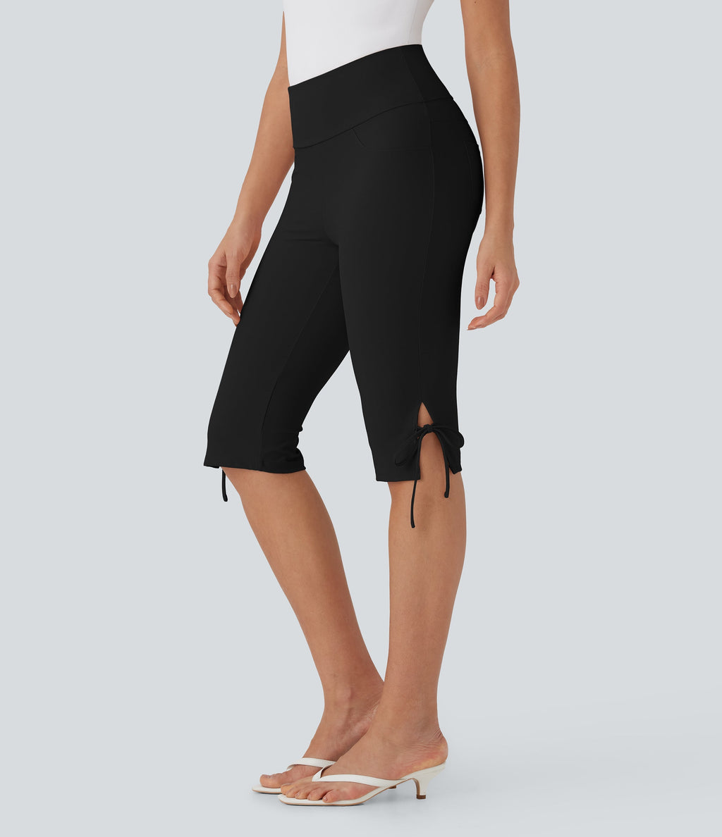 Mid Rise Lace Up Capri Casual Pants with Pockets