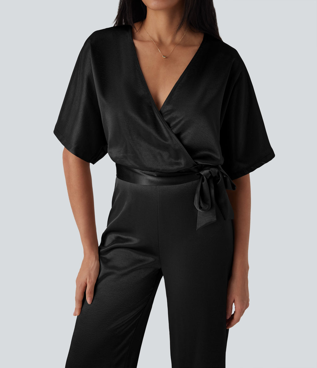 Crossover V Neck Belted Wide Leg Satin-like Work Jumpsuit with Pockets