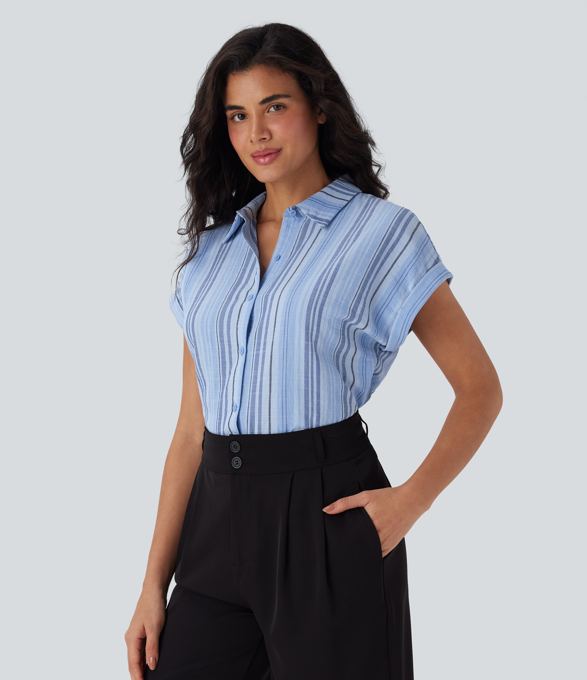Short Sleeve Stripe Work Linen-Feel Shirt