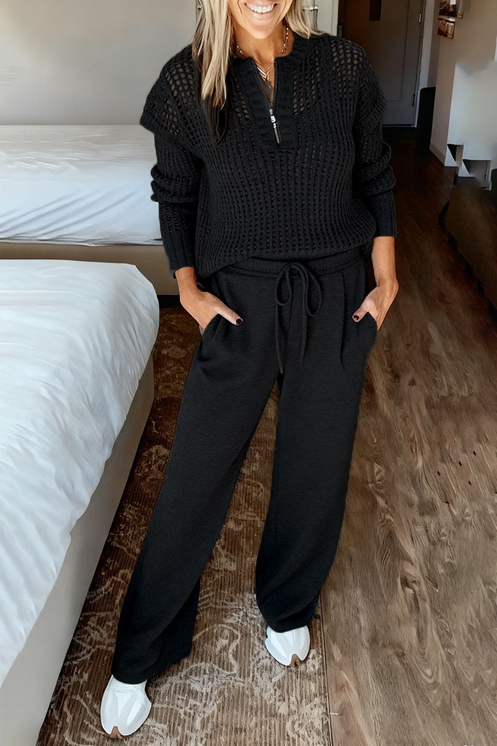 Women Round Neck Plaid Hollow Top + Drawstring Pants Casual Suit