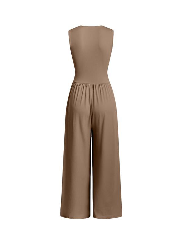 2026 Women's new jumpsuit with pockets Plain Ruched V Neck Ribbed Tank Jumpsuit, Summer Outfits 2025, Elegant Sleeveless Wide Leg Jumpsuit for Women for Vacation Holiday Party, Ladies Summer Clothes
