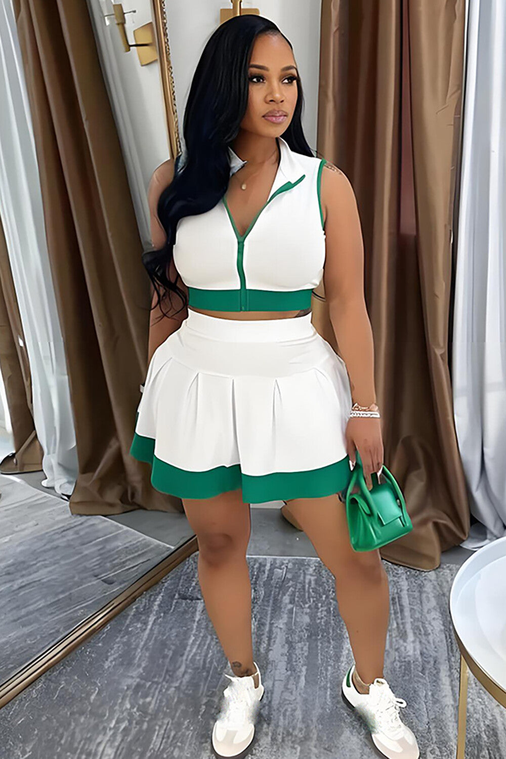 Colorblock Trim Sleeveless Crop Top A-Line Mini Skirt 2pcs Set-White