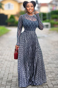 Round Neck All Over Print Long Sleeve Top Maxi Skirt 2pcs Set-Blue