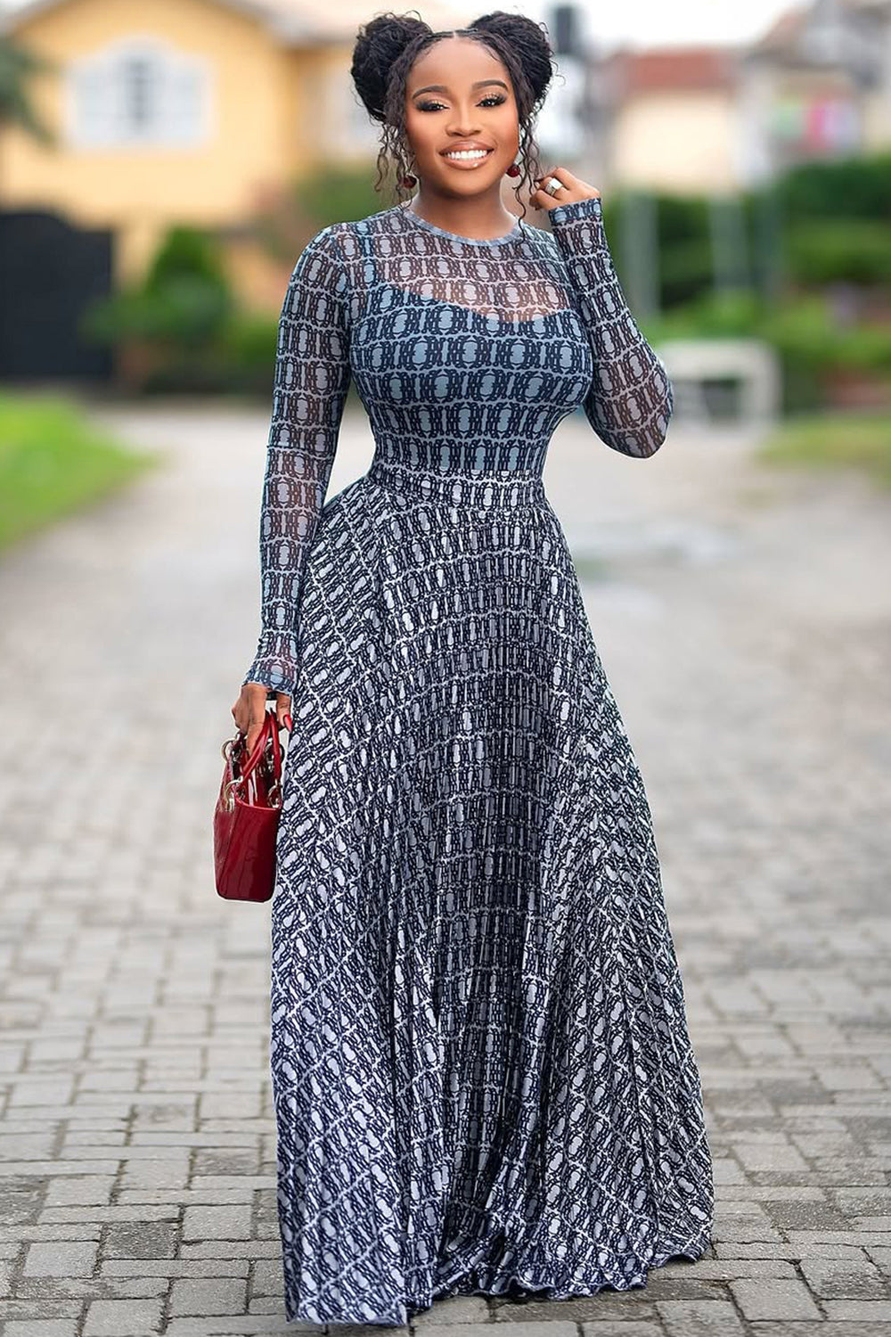 Round Neck All Over Print Long Sleeve Top Maxi Skirt 2pcs Set-Blue