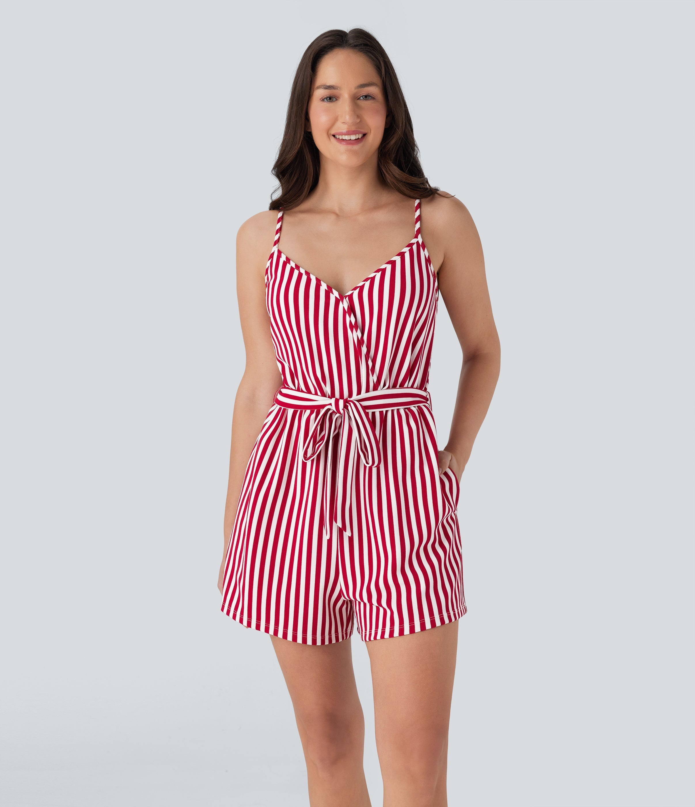 V-neck Snap Belted Stripe Waffle Jumpsuit with Pockets