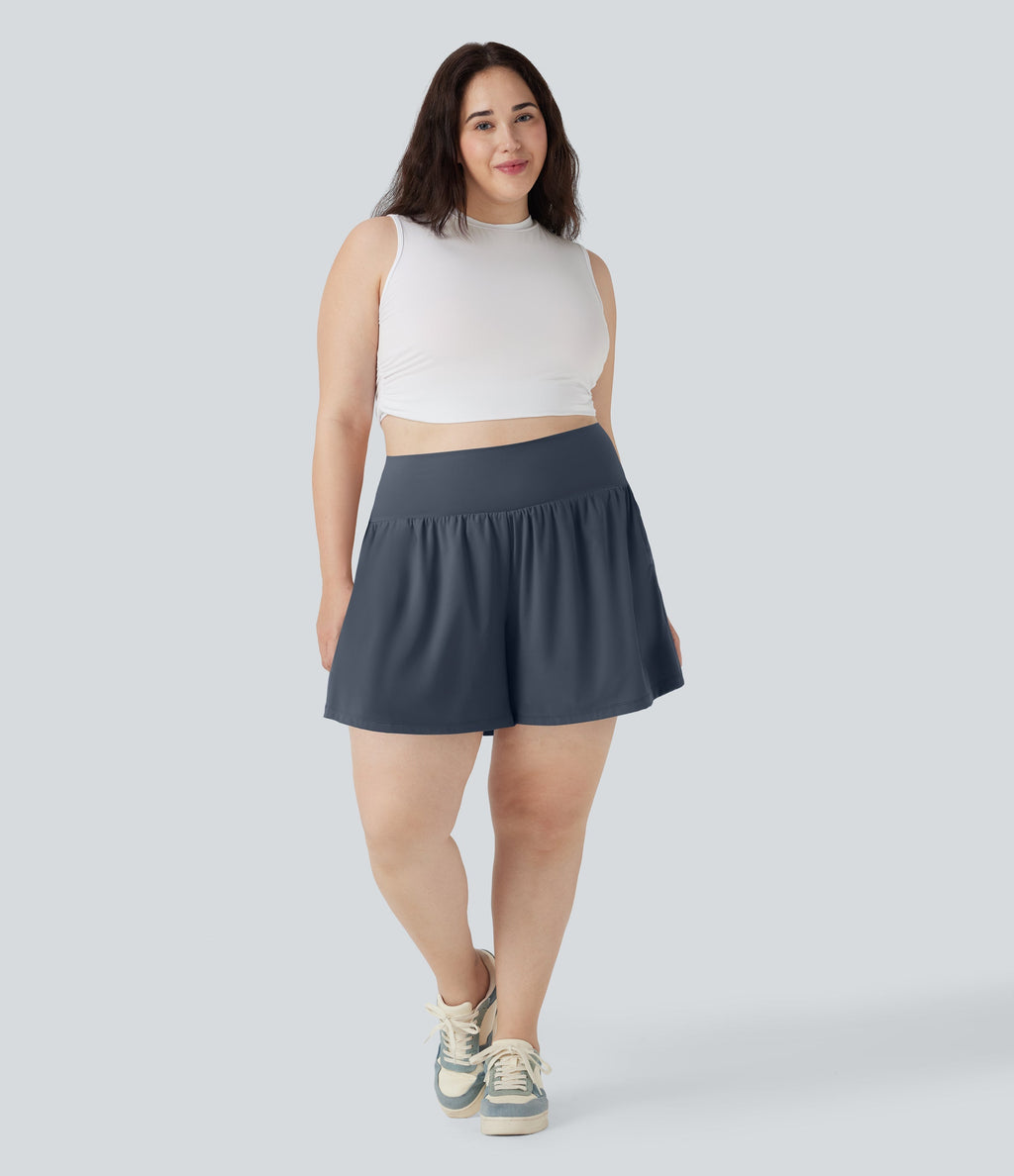 SoftlyZeroTM Airy Super High Waisted 2-in-1 Cool Touch Yoga Plus Size Shorts 7" with Pockets