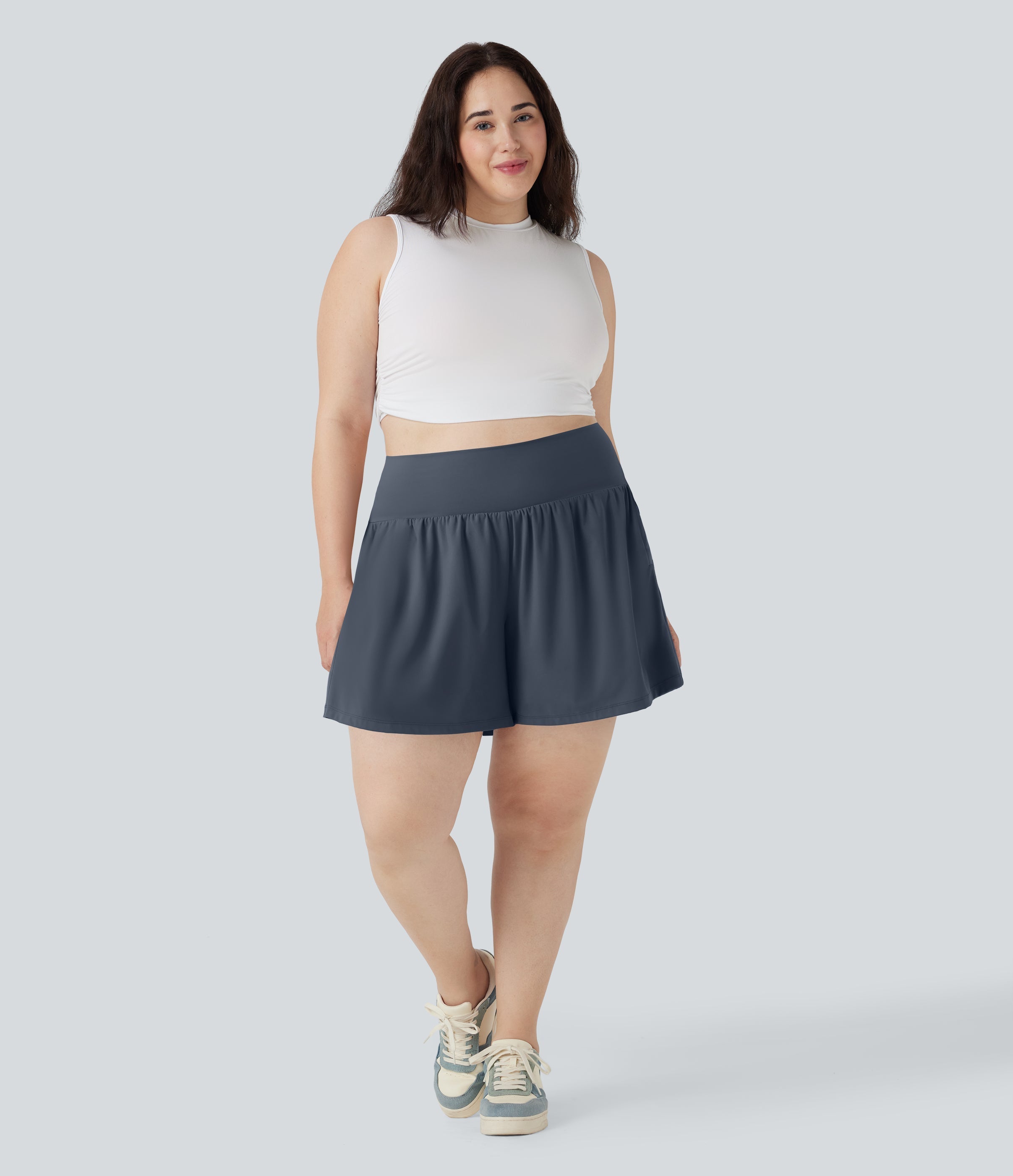 SoftlyZeroTM Airy Super High Waisted 2-in-1 Cool Touch Yoga Plus Size Shorts 7" with Pockets