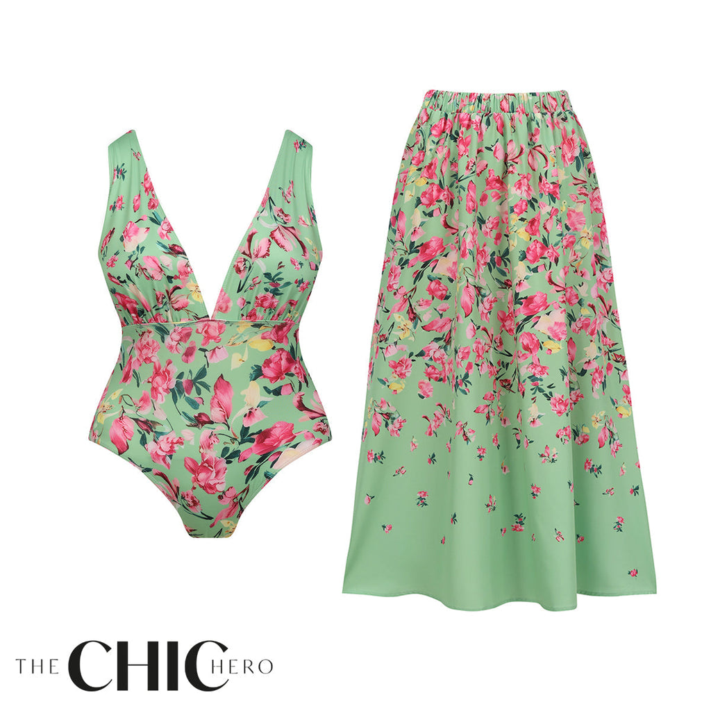 Mint Green & Pink Florals One-Piece Swimsuit&Skirt