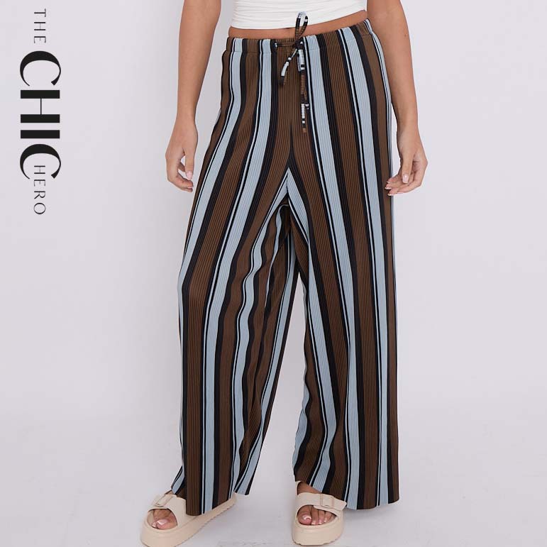 Brown Blue Abstract Print Wide-Leg Drawstring Palazzo Pleated Pants