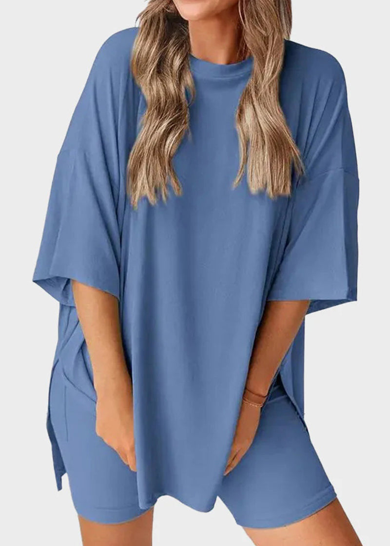 Casual Oversized 2-Piece Lounge Set with Crewneck & Split Hem