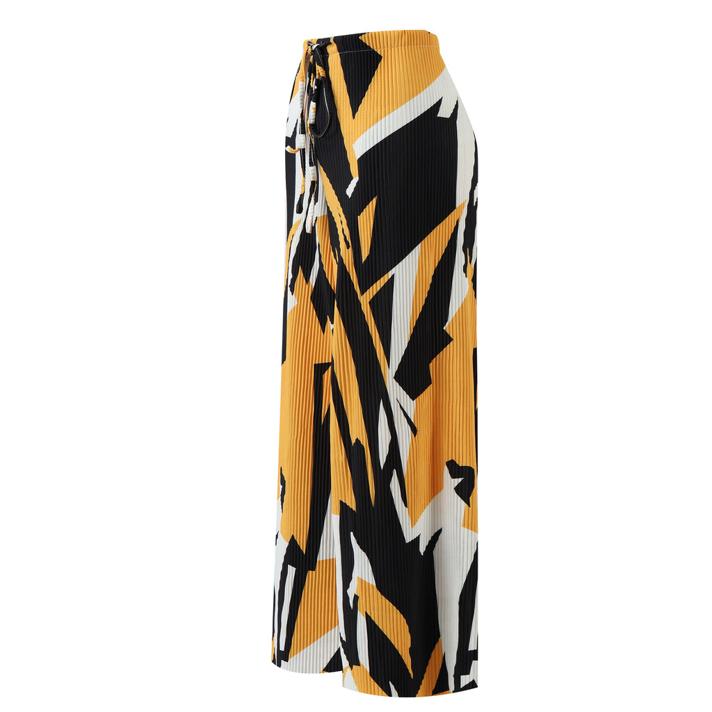 ChicHero Abstract Print Wide-Leg Drawstring Pants Palazzo Pleated Pants