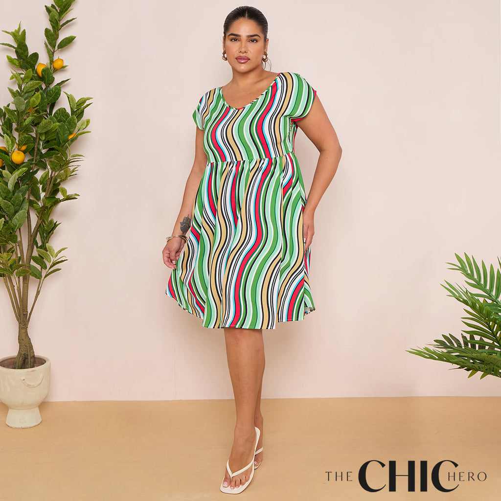 Abstract Striped V-Neck Short Sleeve Oversized Dress