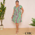 Abstract Striped V-Neck Short Sleeve Oversized Dress