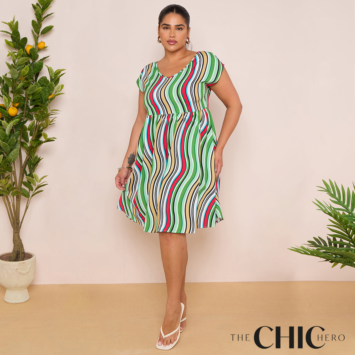 Abstract Striped V-Neck Short Sleeve Oversized Dress