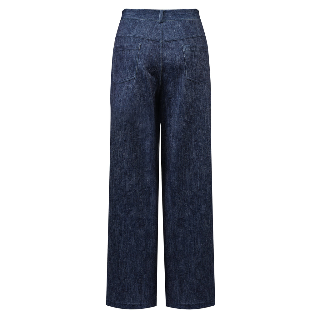 Dark Blue High-Waisted Light Wash Wide-Leg Denim Pants