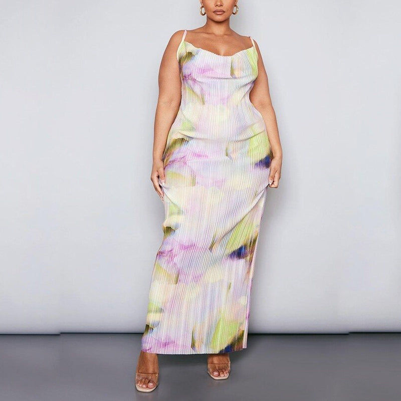 Multi Watercolour Plisse Strappy Maxi Dress